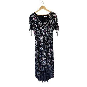 Fairy Grunge Dress Size 8 Dark Floral Asymmetrical Hem Midi Feminine Flowy Silk